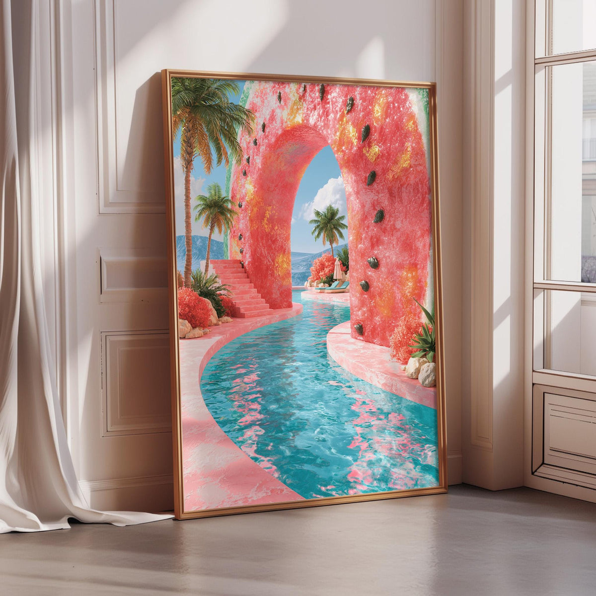 A large, vibrant painting depicting a tropical scene with a pink archway leading to a turquoise pool surrounded by palm trees and other tropical foliage.