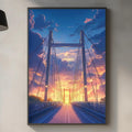 a kitchen counter with various kitchen items, such as a cutting board, a bottle, and a vase, as well as a framed picture of a bridge with a colorful sunset in the background.