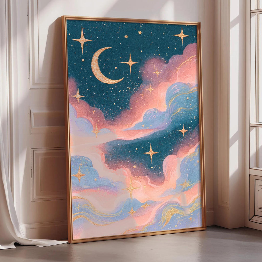 a large framed artwork depicting a night sky with a crescent moon, stars, and clouds in various colors including blue, pink, and gold.