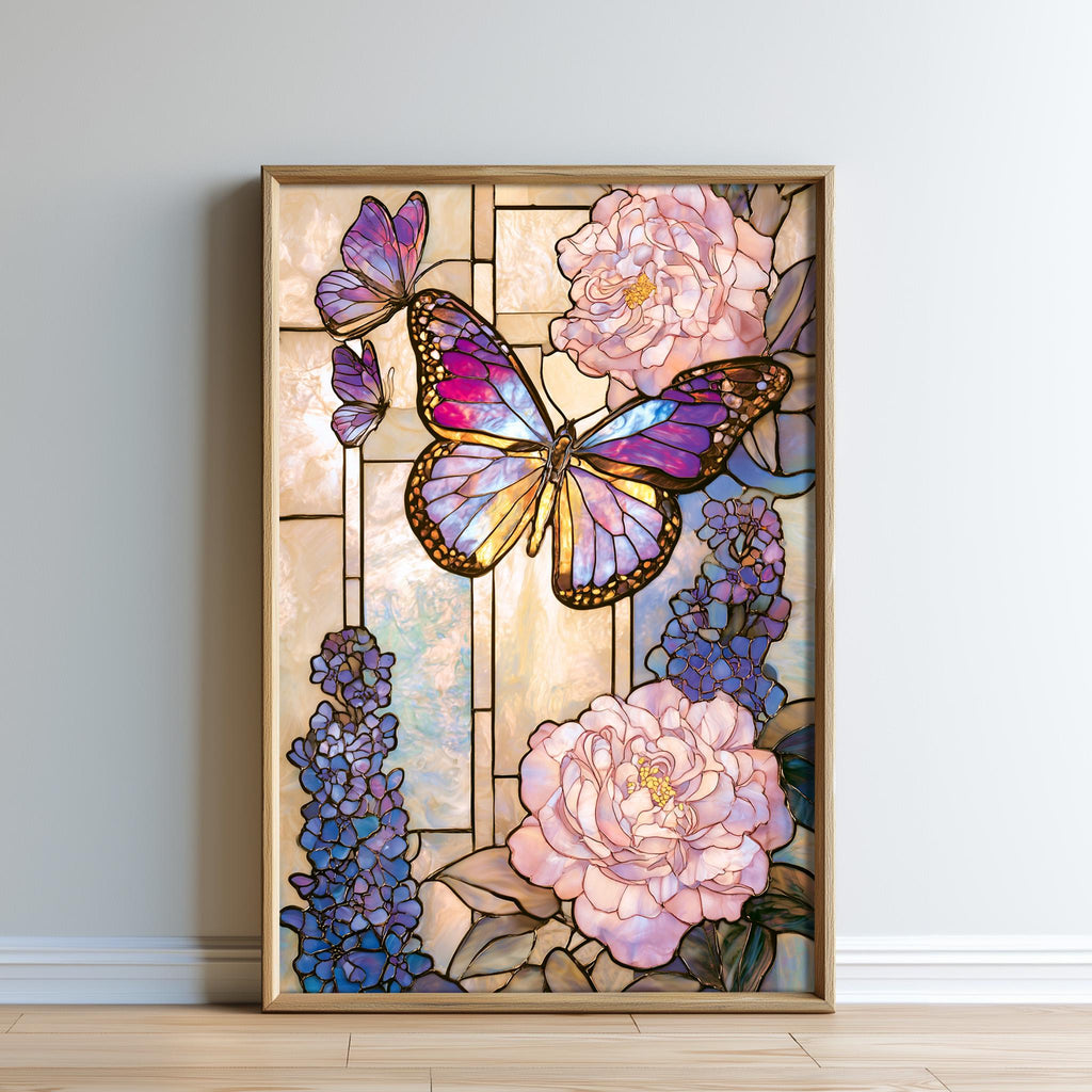 A framed stained glass artwork depicting a butterfly surrounded by pink peonies and purple flowers.