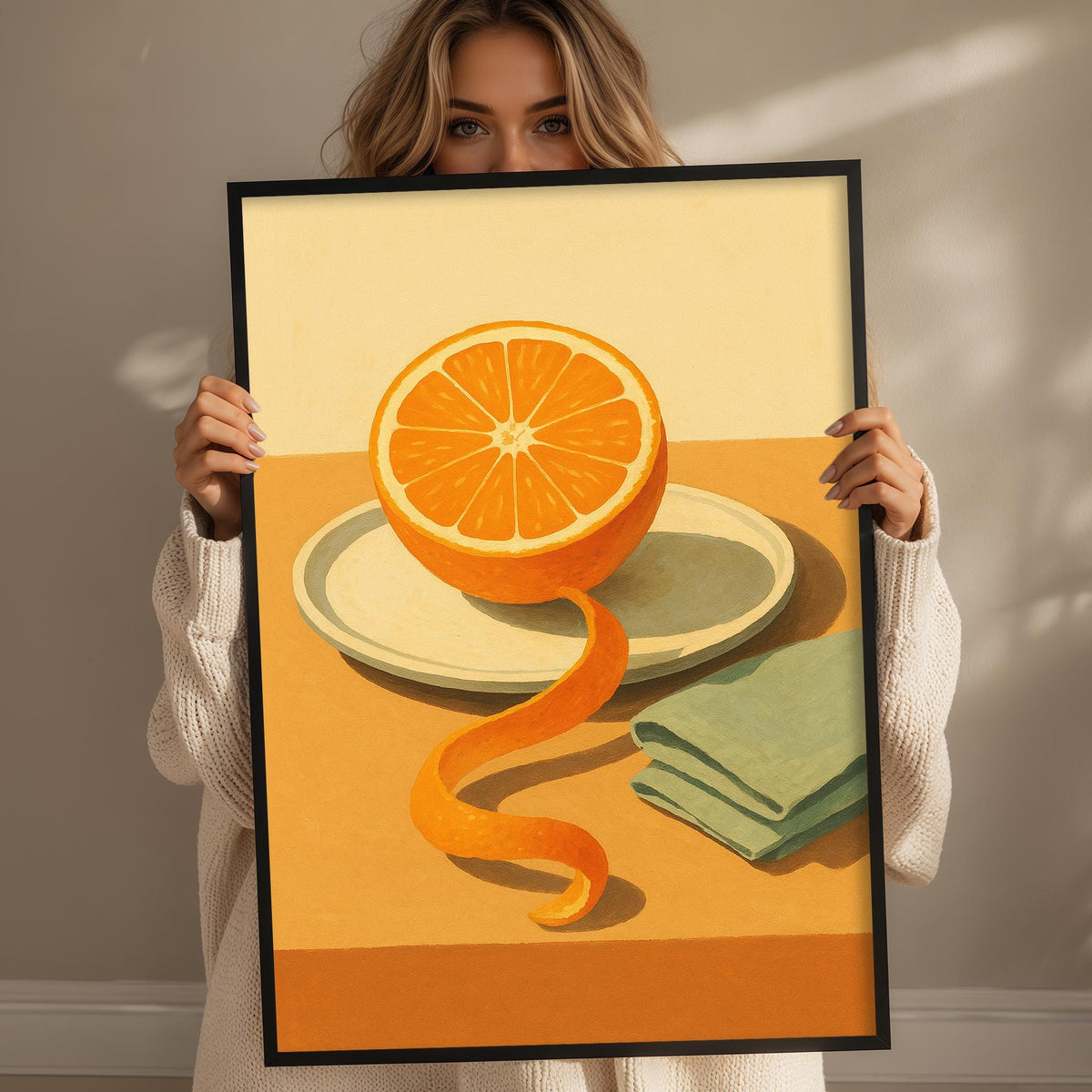A woman holds up a framed painting of an orange slice on a table, with a green napkin and a plate underneath.