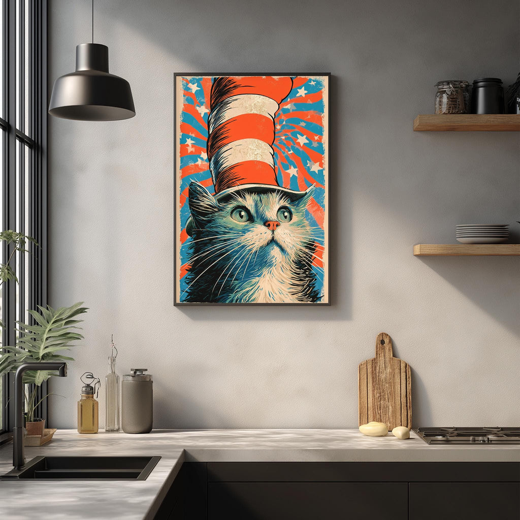 a framed poster of a cat wearing a red, white, and blue striped hat, which is hanging on a wall above a kitchen counter.