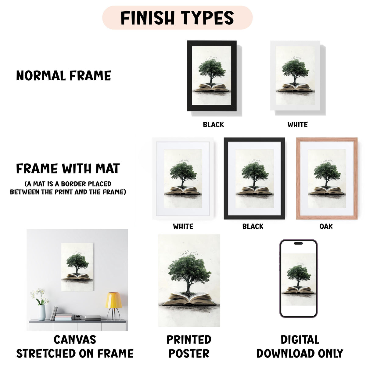 various types of artwork, including a canvas stretched on a frame, a framed poster, and a digital poster. The artwork features different frame colors and styles, such as a normal frame, a black frame, a white frame, and an oak frame. The artwork also includes a tree image in different frame styles, such as a white frame, a black frame, and a white frame. The artwork is presented in a grid format, with each piece displayed in a different frame style.