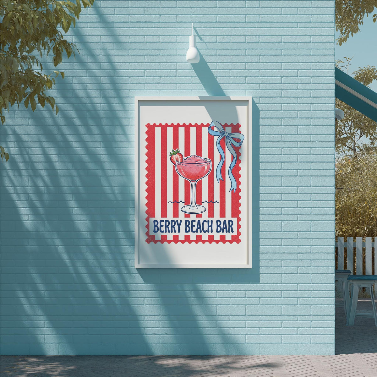 a poster for a "Berry Beach Bar" with a red and white striped border and a strawberry drink in a martini glass.