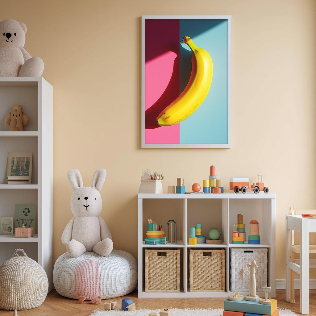 A child's playroom with a white rabbit sitting on a bean bag chair, surrounded by various toys and storage bins. A framed picture of a banana is displayed on the wall above the storage bins.