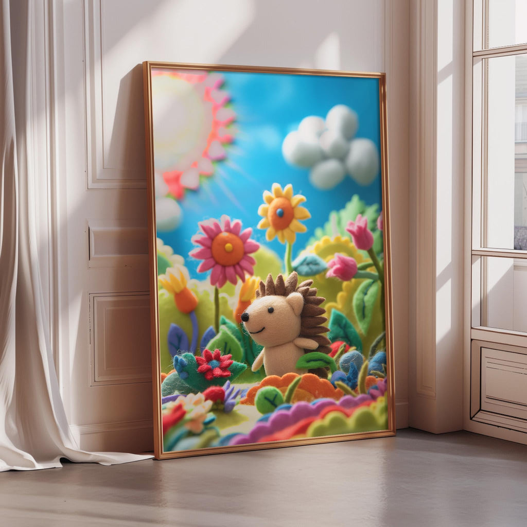 A framed illustration depicting a hedgehog surrounded by a vibrant, whimsical garden scene with flowers, plants, and a blue sky with clouds.