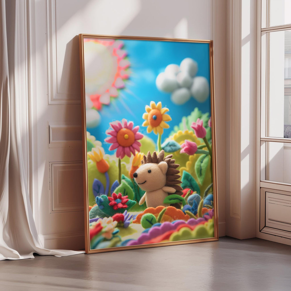 A framed illustration depicting a hedgehog surrounded by a vibrant, whimsical garden scene with flowers, plants, and a blue sky with clouds.