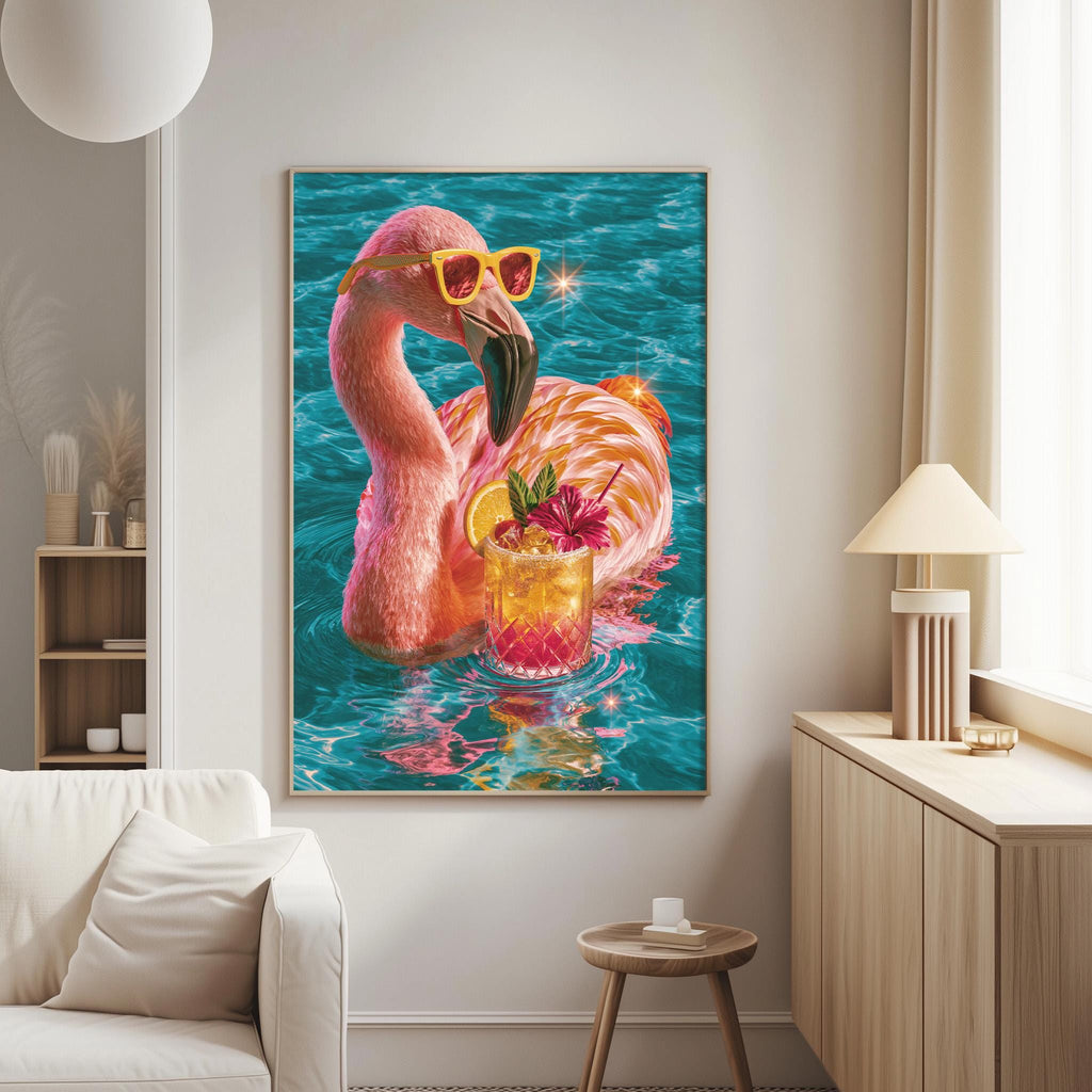A vibrant painting of a flamingo wearing sunglasses and holding a drink, set against a backdrop of turquoise water and a bright, sunny sky.