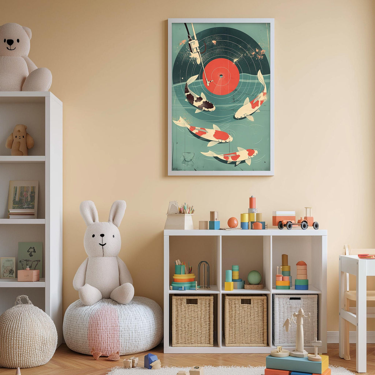 A child's bedroom with a white bookshelf, a stuffed rabbit, a colorful toy set, and a framed poster of fish on the wall.