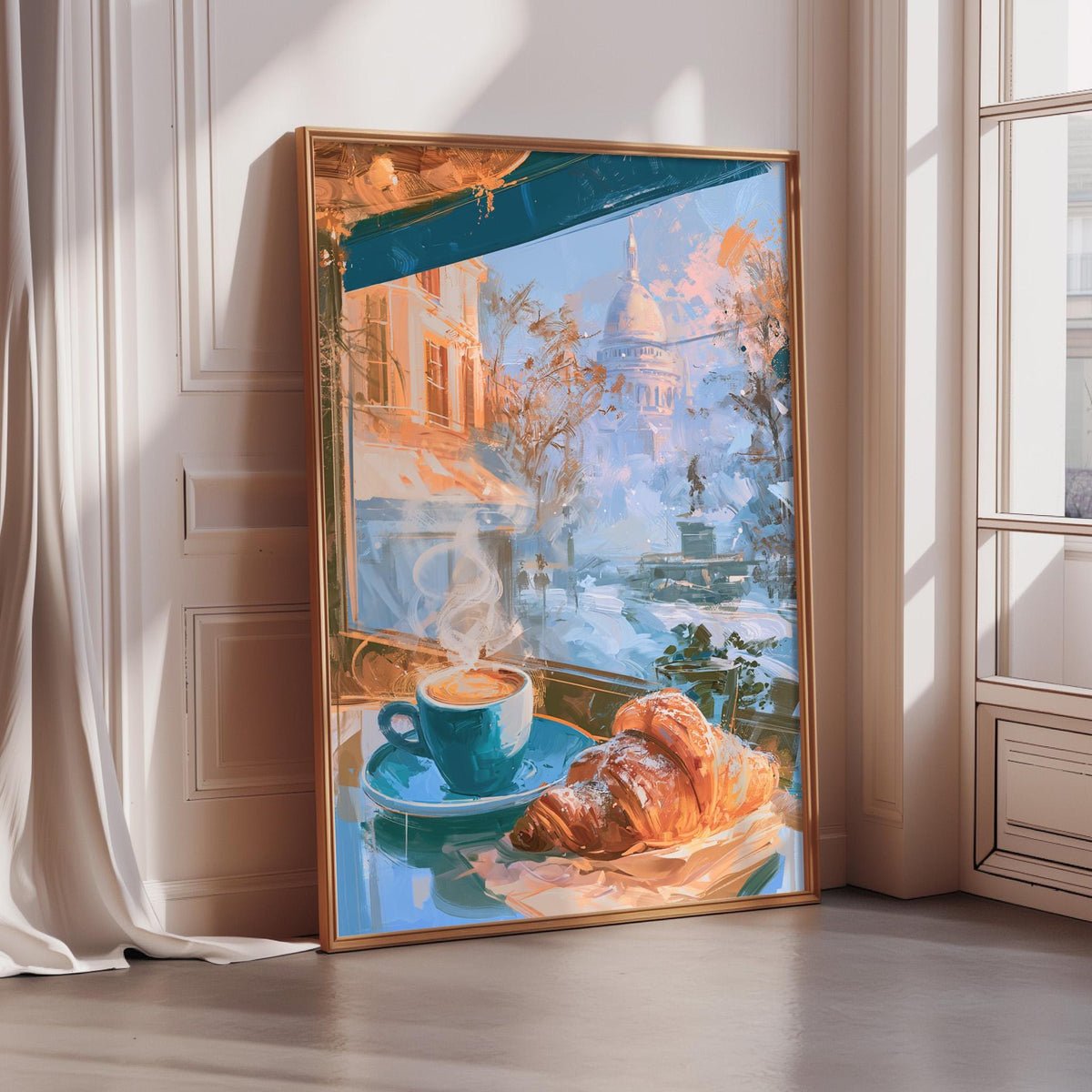 A framed painting depicting a cozy scene of a croissant and coffee on a table, with a cityscape visible through a window in the background.