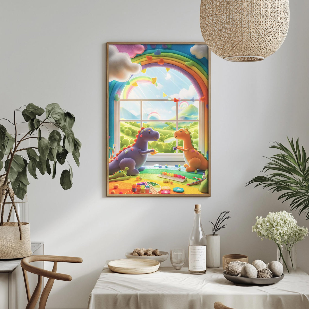 a vibrant and whimsical scene of two dinosaurs, one purple and one orange, sitting on a table and looking out a window. The window is framed by a rainbow arch, and the sky outside is filled with clouds. The dinosaurs appear to be enjoying the view from their window. The table is set with various items, including a bottle, a bowl, and a vase, creating a cozy and inviting atmosphere.