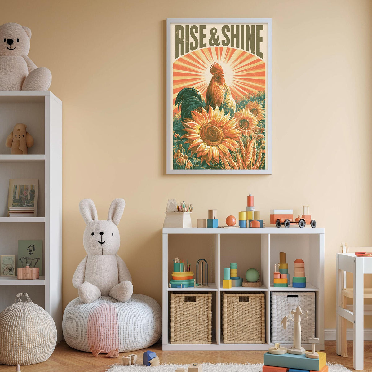 A child's bedroom with a white bookshelf, a stuffed rabbit, a toy train, and a framed poster with a rooster and sunflowers.