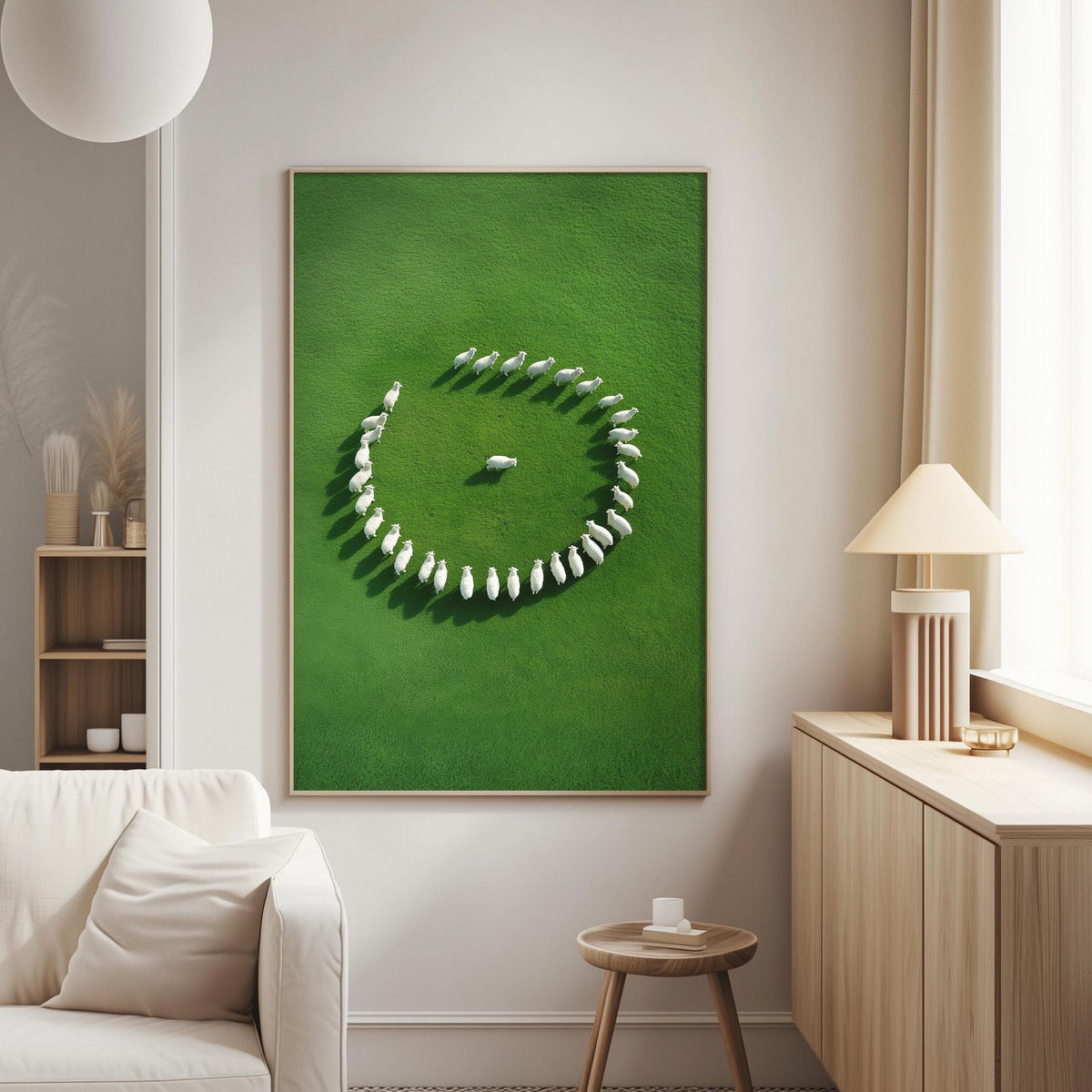 a large green circular arrangement of white sheep on a grassy field, with a small white sheep standing in the center.