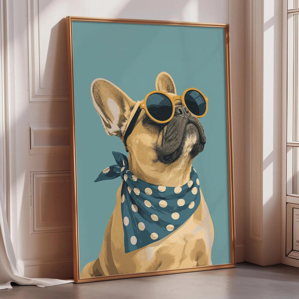 A framed painting of a French Bulldog wearing sunglasses and a polka dot scarf, sitting on a wooden floor in a room with a window.