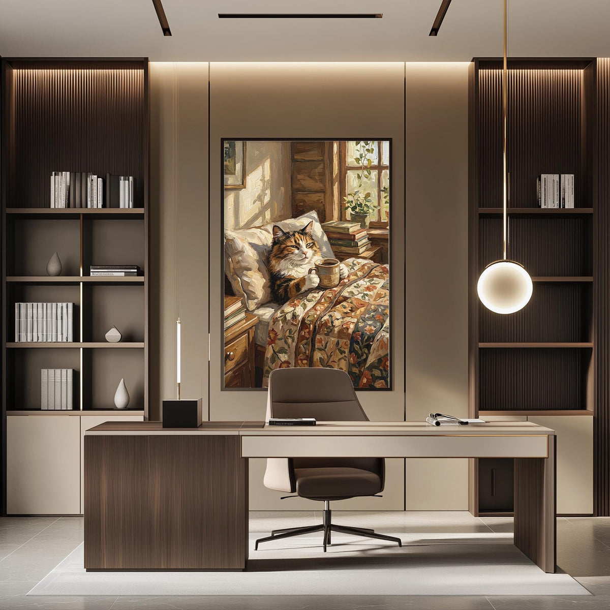 a modern and well-lit home office with a large painting of a cat resting on a bed in the background. The office features a wooden desk, a comfortable chair, and a bookshelf filled with books. The overall design and decor create a cozy and inviting atmosphere.