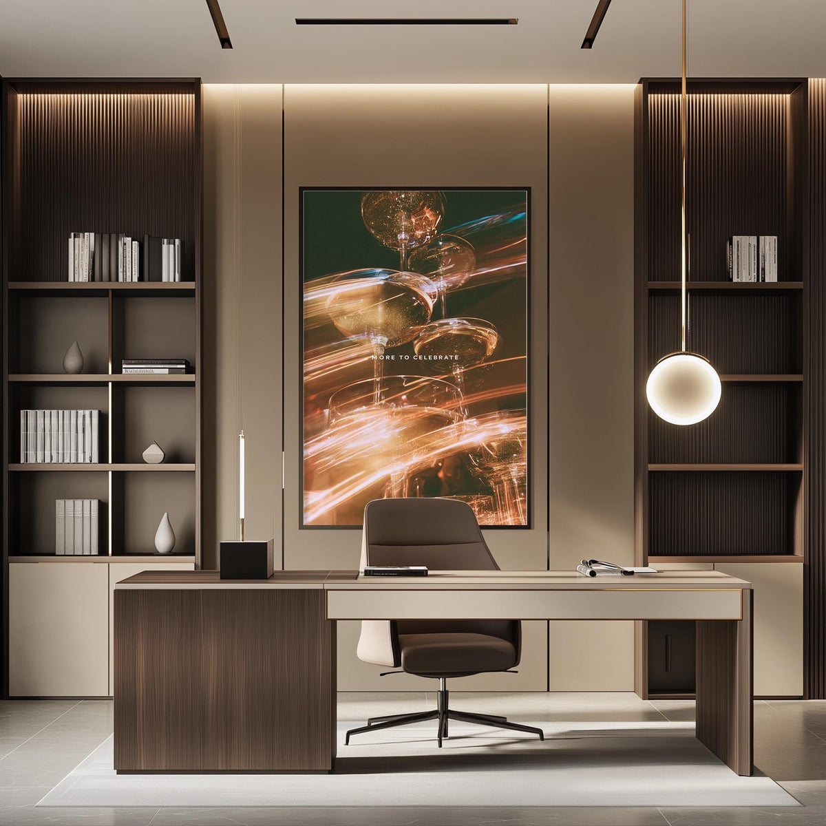 a modern and stylish office space with a large abstract painting on the wall, a wooden desk with a chair, and built-in bookshelves.