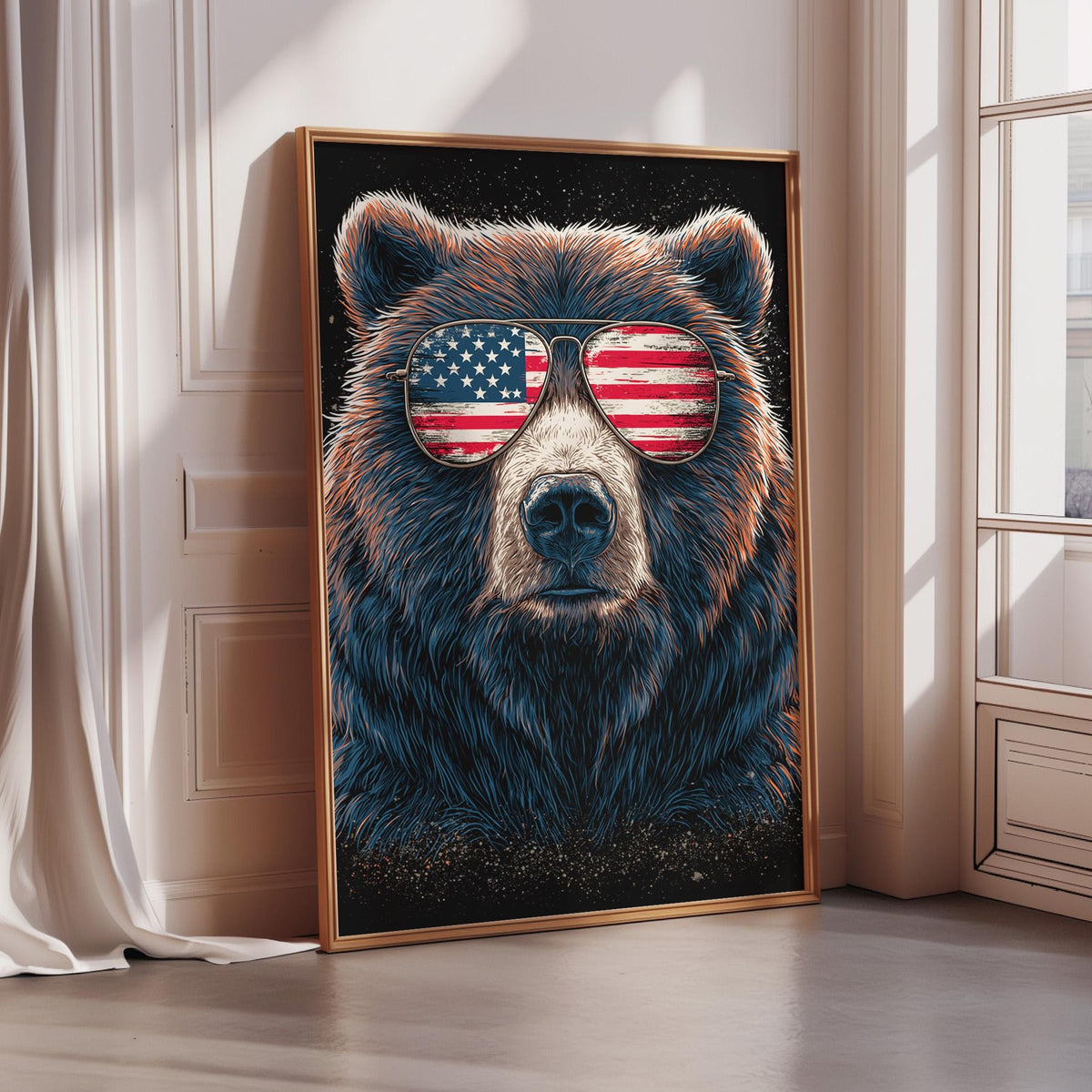 A framed painting of a bear wearing sunglasses with an American flag design.