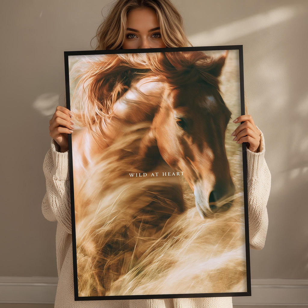 A woman holds up a framed photograph of a horse's face, with the text "WILD at HEART" visible on the frame.