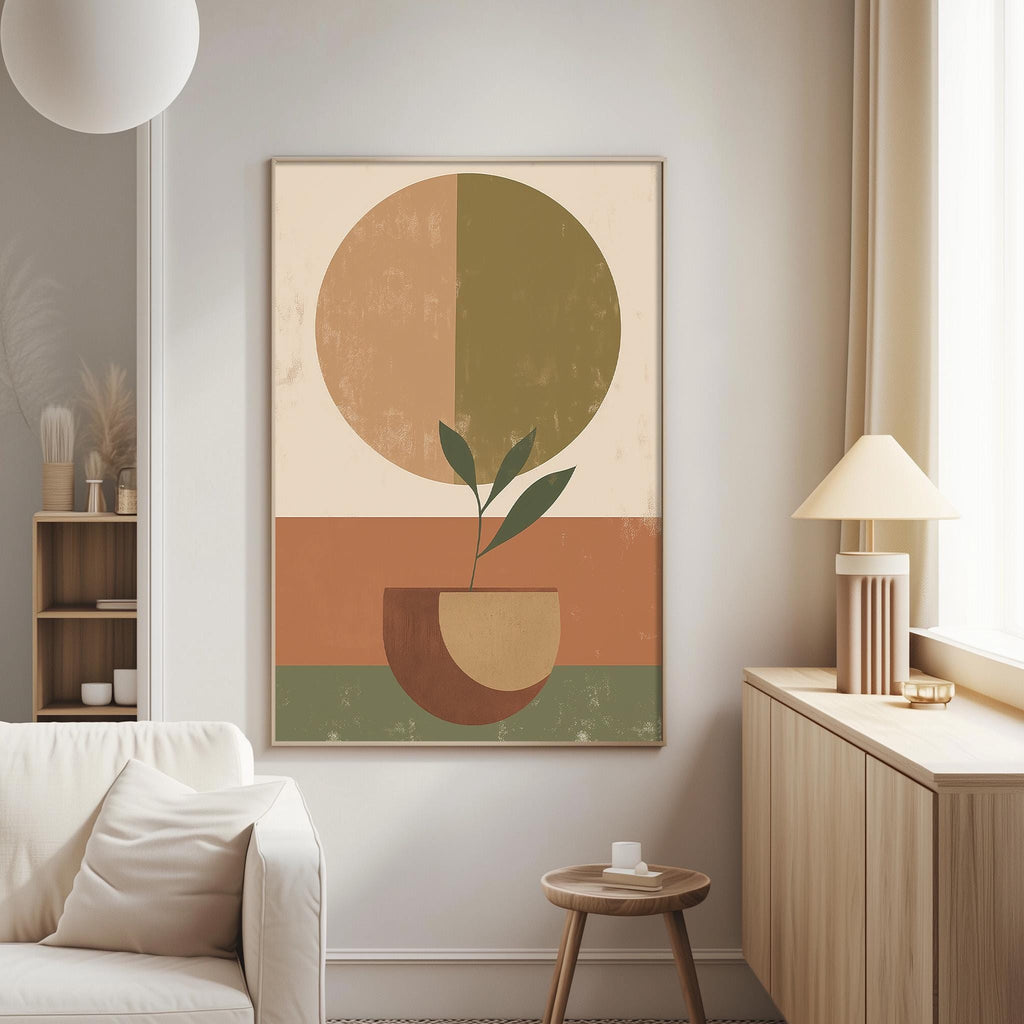 a living room with a large abstract painting hanging on the wall, depicting a plant in a vase. The room has a white sofa, a wooden side table, and a lamp on a wooden cabinet.