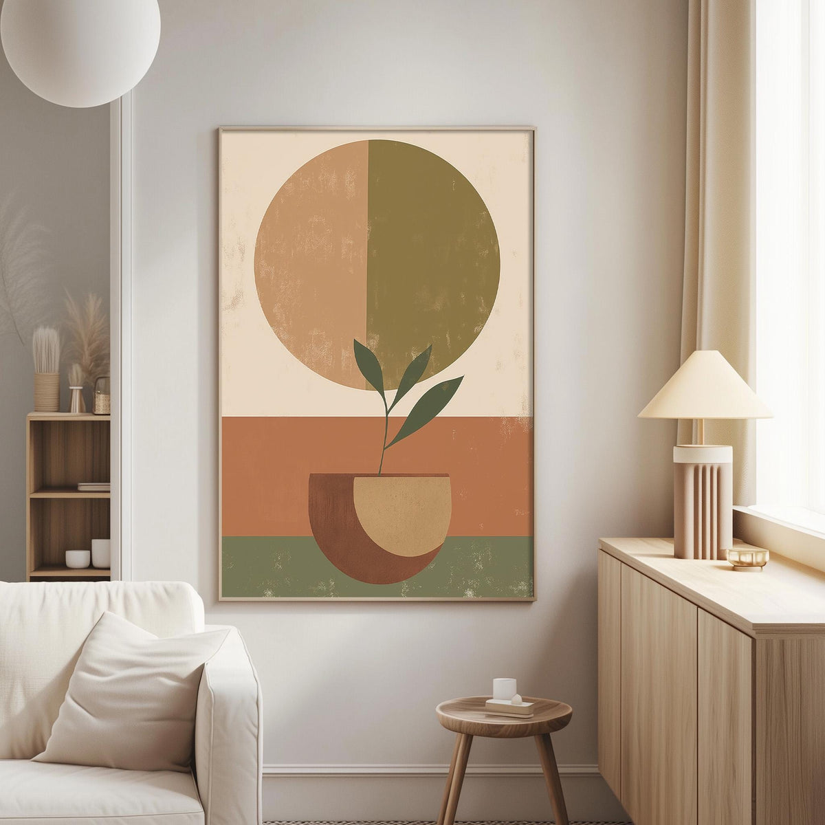 a living room with a large abstract painting hanging on the wall, depicting a plant in a vase. The room has a white sofa, a wooden side table, and a lamp on a wooden cabinet.