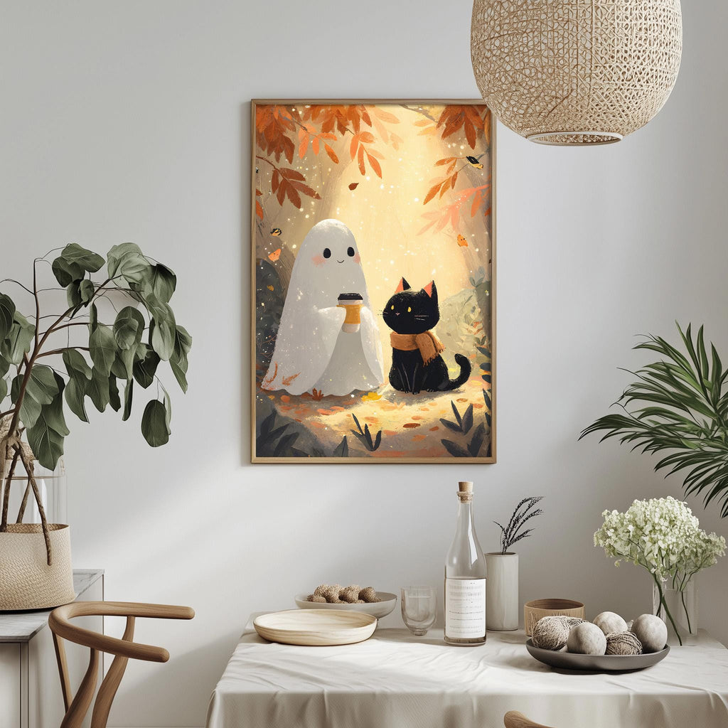 a cozy and whimsical scene with a ghost, a black cat, and a dining table set with various items.