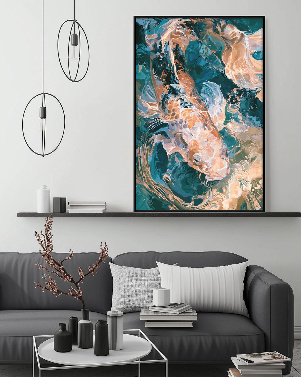 a modern living room with a gray sofa, a coffee table, and a large abstract painting hanging on the wall above the sofa.