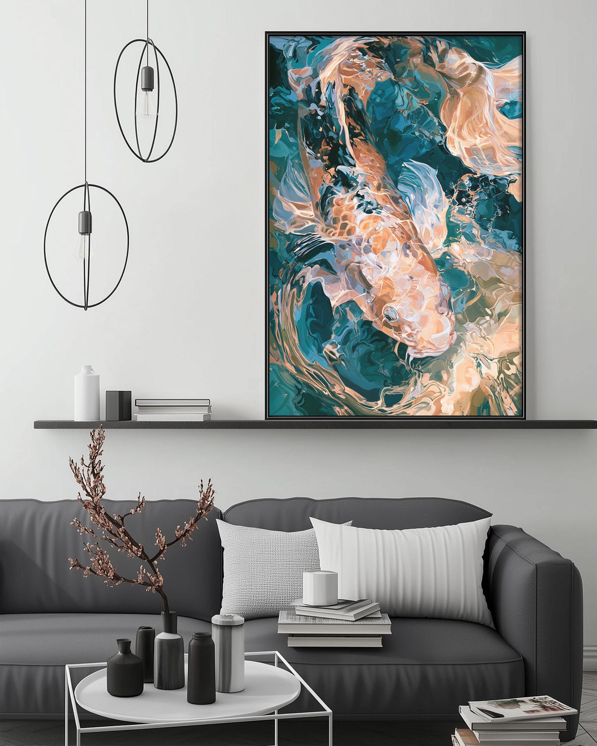 a modern living room with a gray sofa, a coffee table, and a large abstract painting hanging on the wall above the sofa.