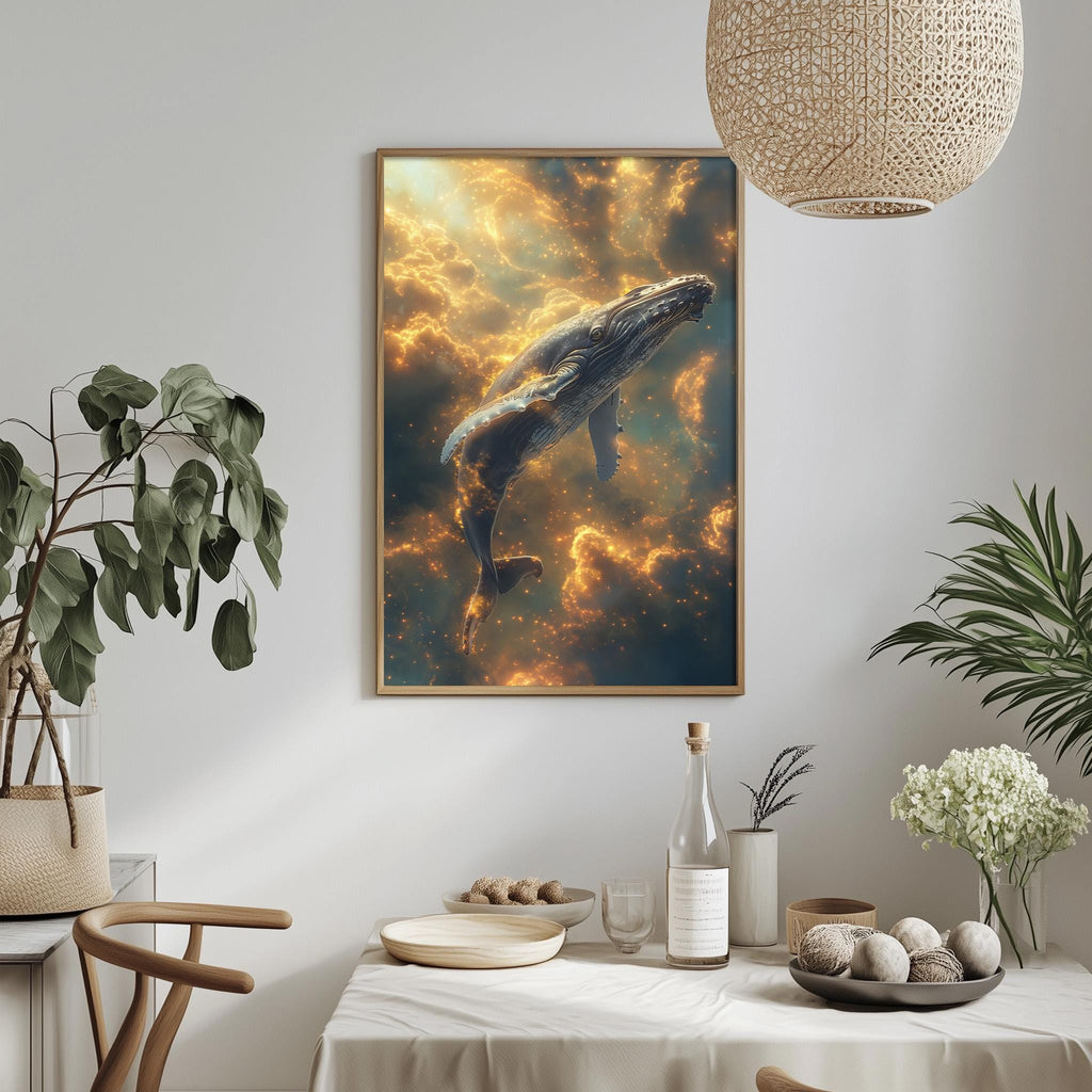 a dining table with a white tablecloth, a bottle, a bowl, and a vase with flowers. Above the table, there is a framed painting of a whale swimming in the ocean, with a warm, golden glow from the clouds.
