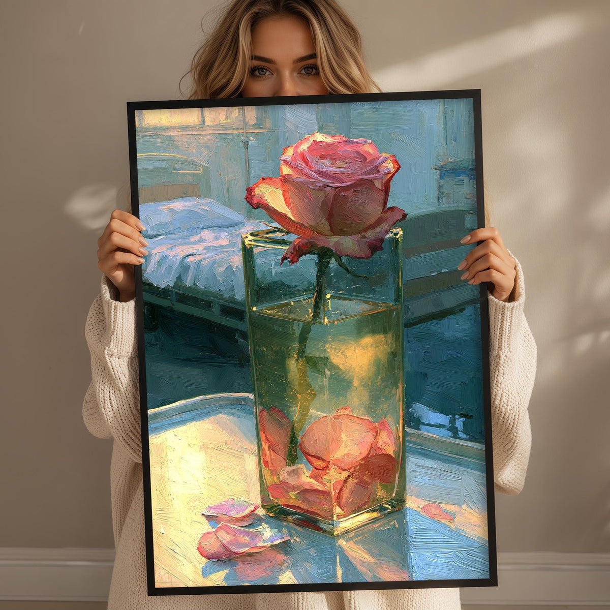 A woman holds up a framed painting of a pink rose in a glass vase, with the rose's petals visible through the transparent vase.