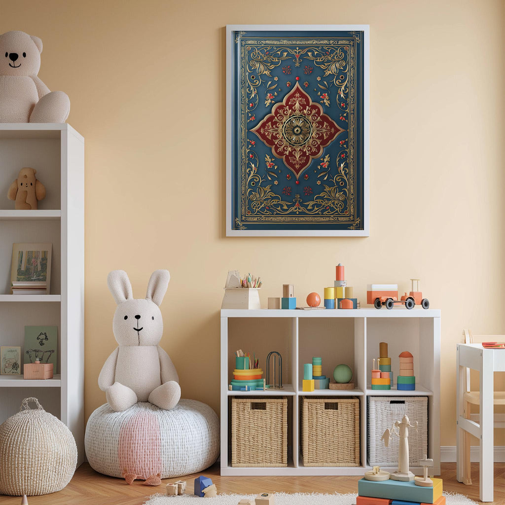 A cozy and colorful children's bedroom with a large rug, a white bookshelf, a stuffed rabbit, and a toy train set. The walls are painted a light peach color, and a framed picture is hanging above the bookshelf.