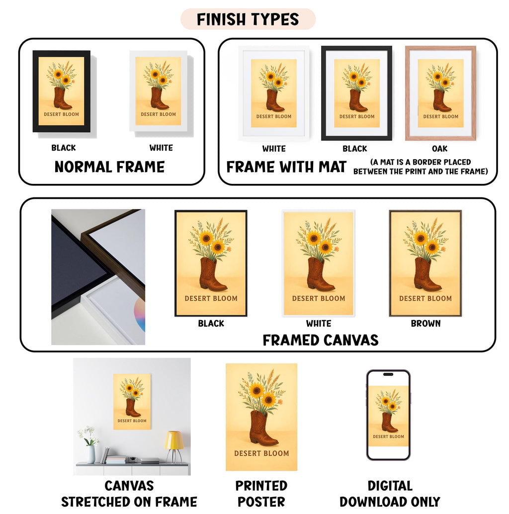 various finish types for a desert bloom artwork, including a black and white normal frame, a white frame with a mat, a black frame, a white framed canvas, a stretched canvas, a printed poster, and a digital download only.