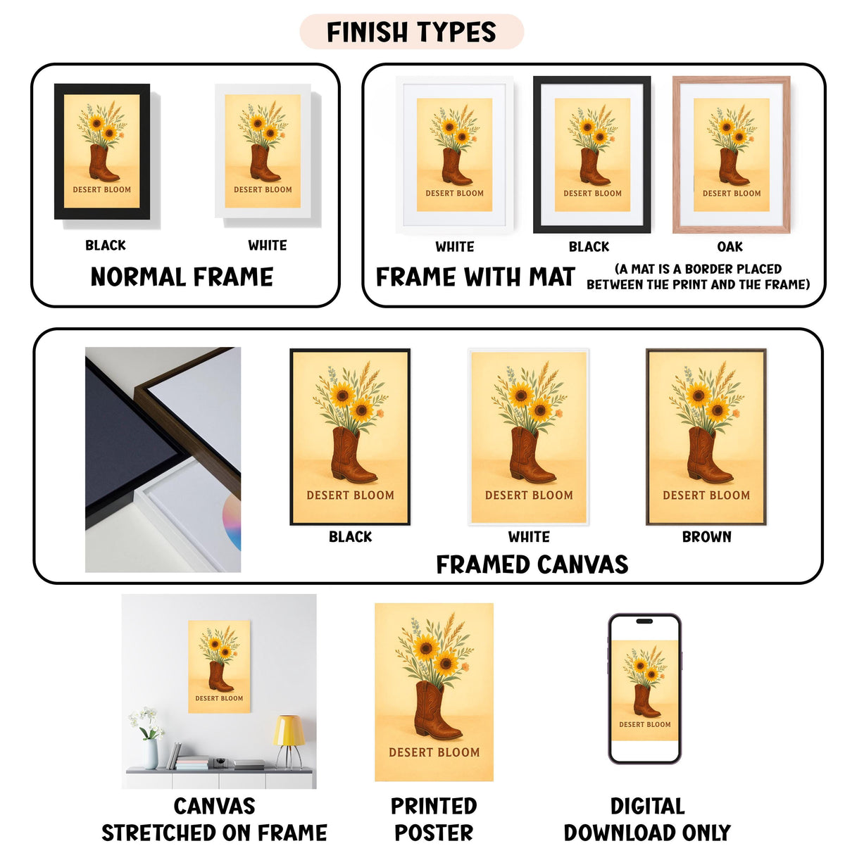 various finish types for a desert bloom artwork, including a black and white normal frame, a white frame with a mat, a black frame, a white framed canvas, a stretched canvas, a printed poster, and a digital download only.