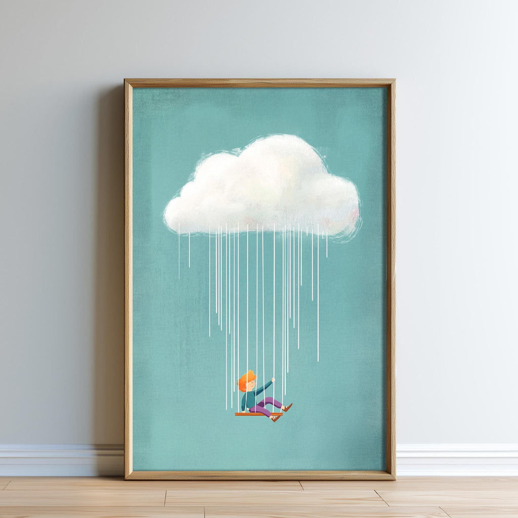 The image is a framed artwork depicting a person sitting on a skateboard, with a large white cloud falling from the sky behind them.