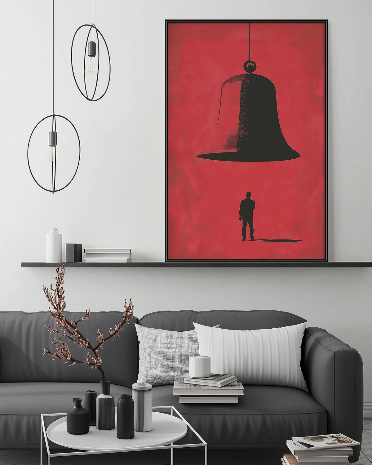 a modern living room with a gray sofa, a coffee table, and a large framed artwork depicting a bell hanging on the wall.