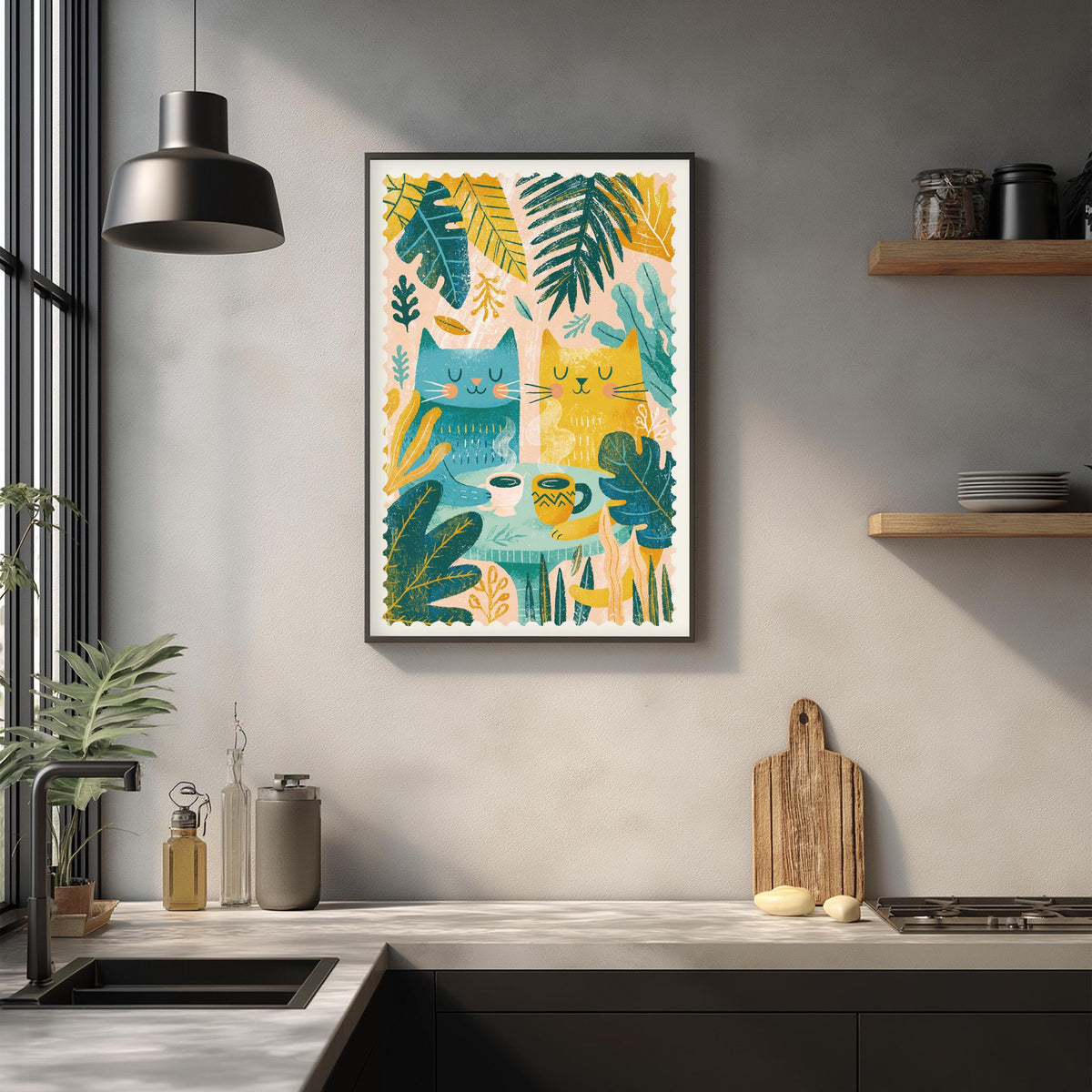 a kitchen counter with a framed illustration of two cats, one blue and one yellow, surrounded by tropical plants and leaves. The counter also has various kitchen items such as a cutting board, a coffee mug, and a bottle.