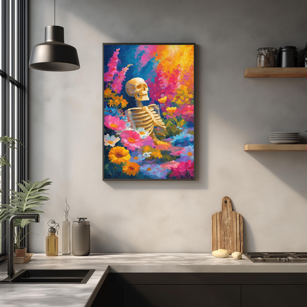 a vibrant painting of a skeleton surrounded by a colorful floral arrangement, hanging on a wall above a kitchen counter.