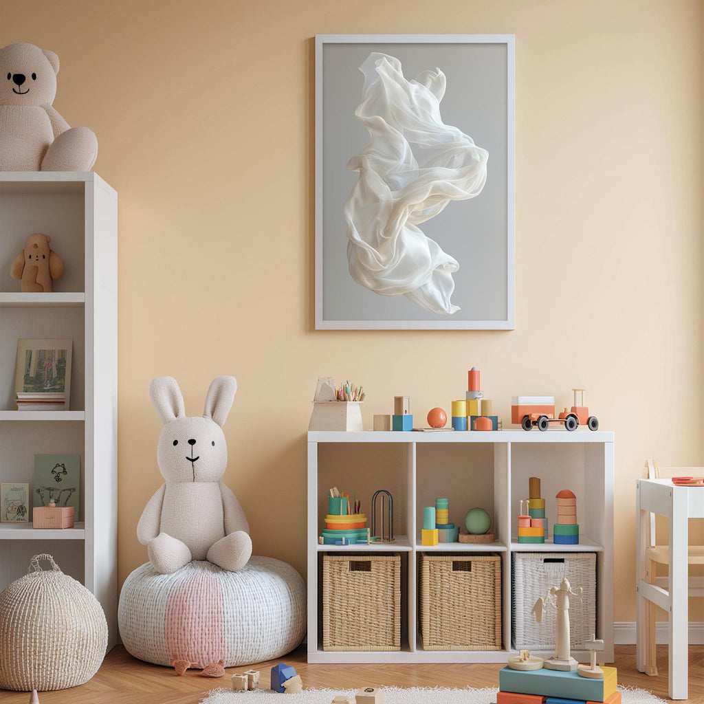 A cozy and colorful children's bedroom with a white rabbit plush toy, a bookshelf filled with toys, and a framed artwork on the wall.