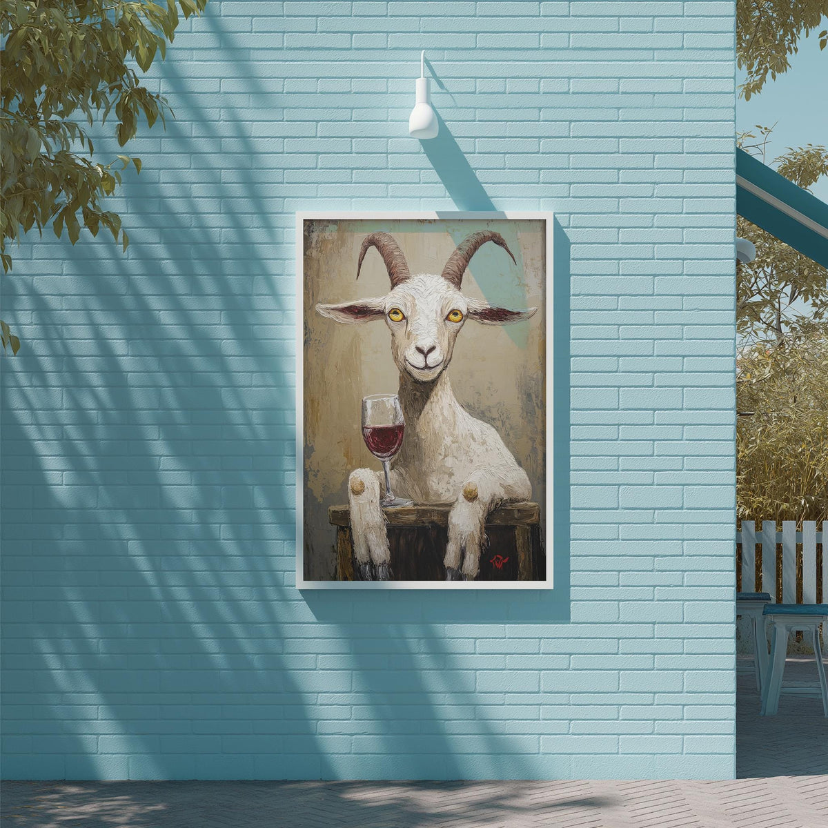 a painting of a white goat holding a glass of red wine, set against a blue brick wall.