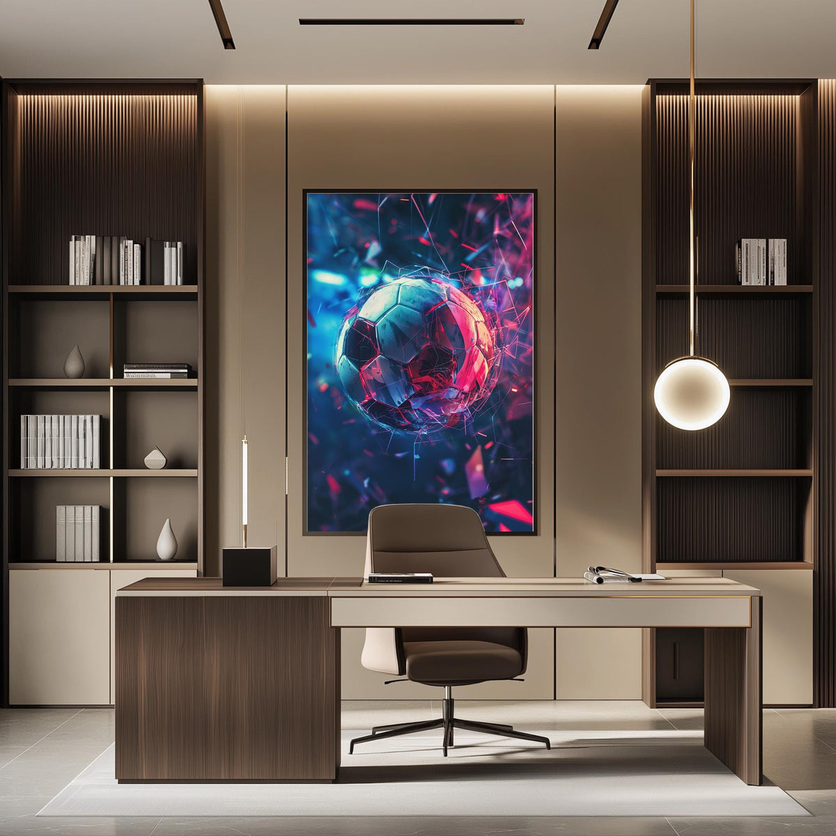 a modern office space with a large abstract painting of a soccer ball on the wall, a wooden desk with a chair, and a bookshelf with books and decorative items.