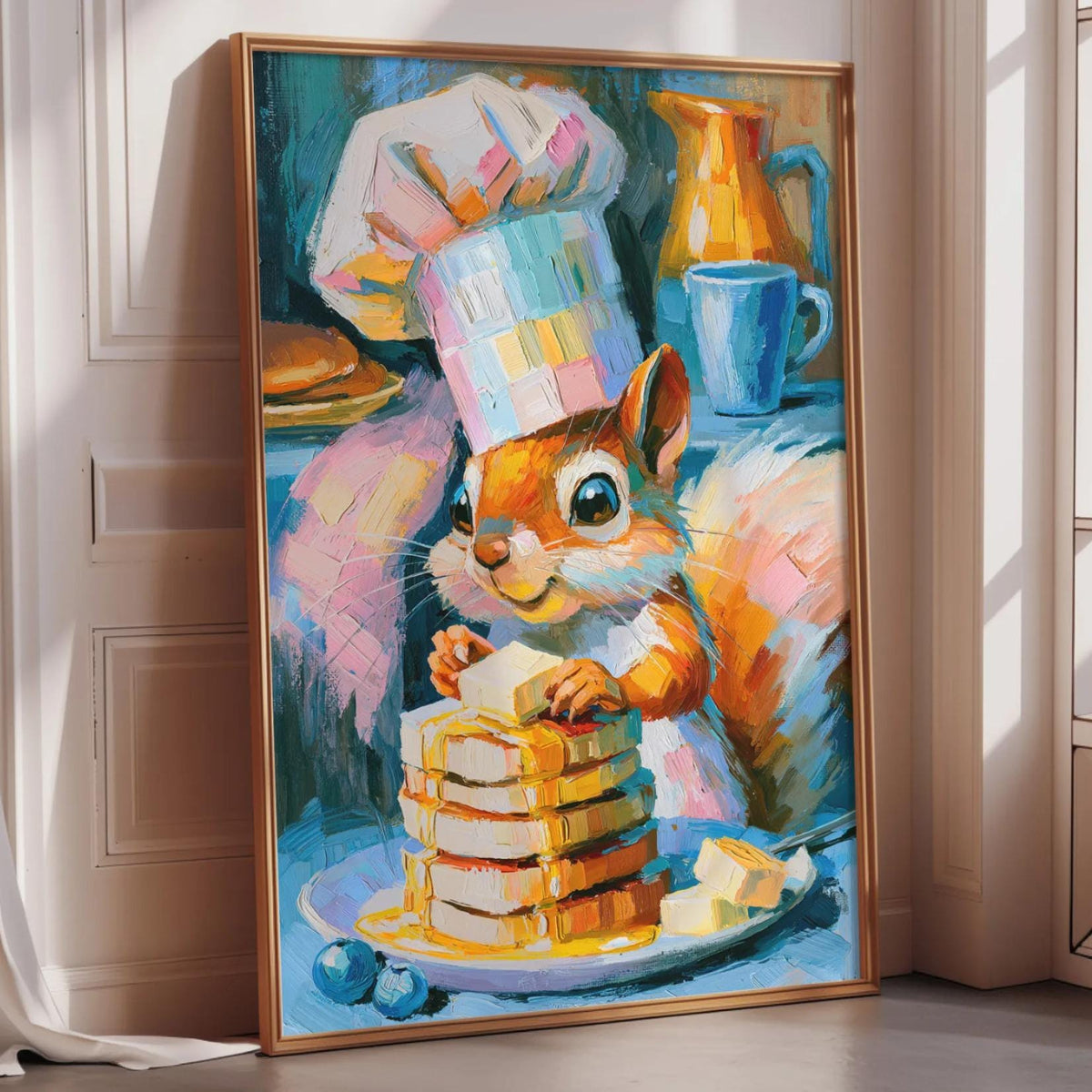 A painting of a squirrel wearing a chef's hat and holding a plate of pancakes, surrounded by various kitchen items.