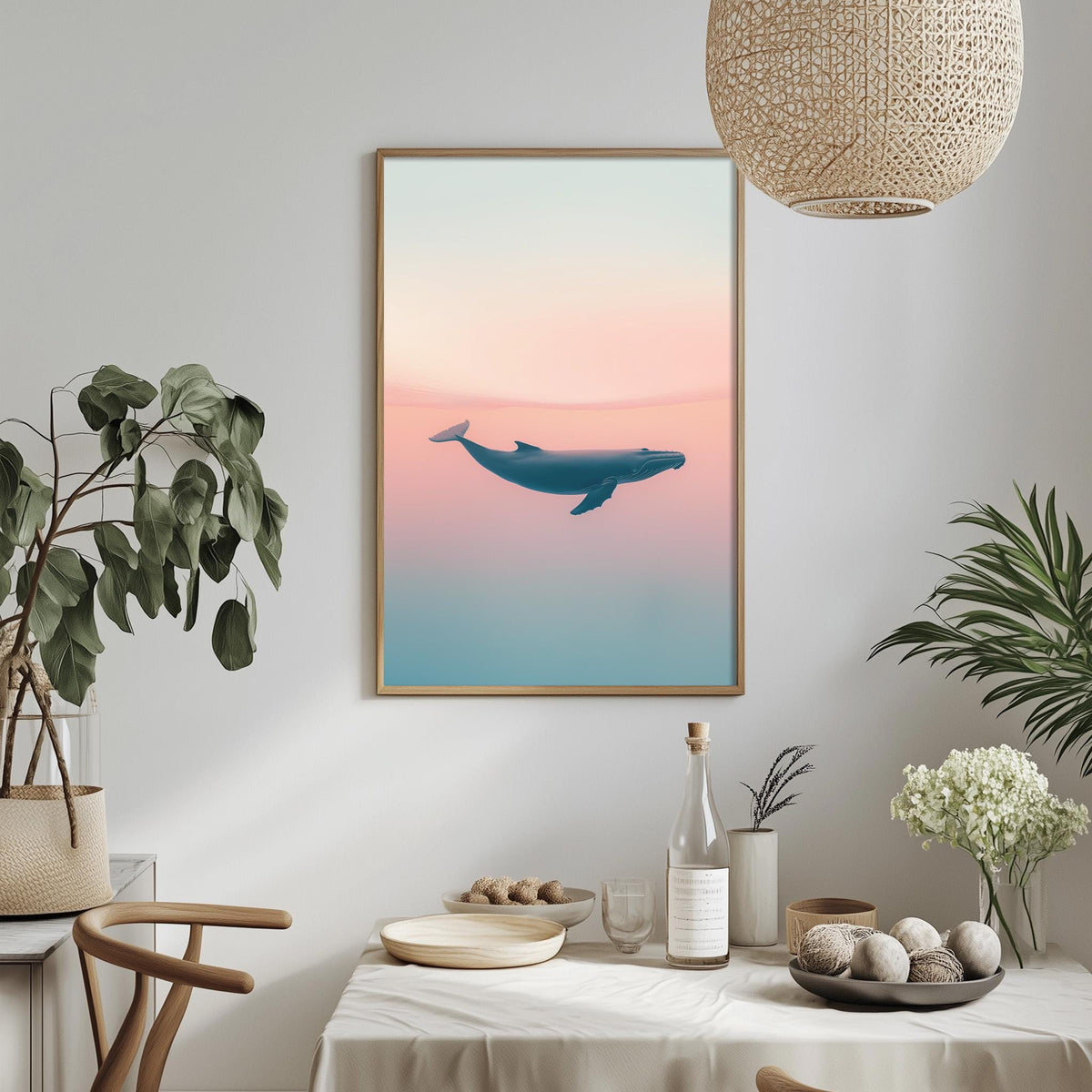 a dining table with a white tablecloth, a bowl of fruit, a bottle, and a vase with flowers. Above the table, there is a framed picture of a whale in the ocean.