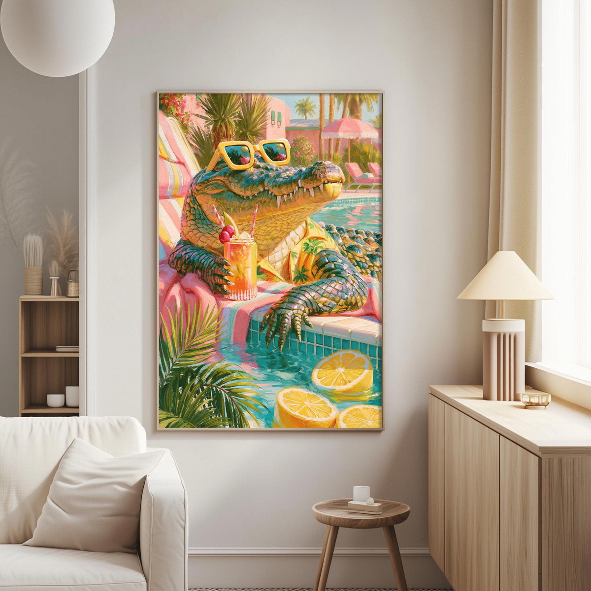 a vibrant and whimsical painting of a crocodile lounging in a tropical pool, surrounded by palm trees and other tropical foliage.
