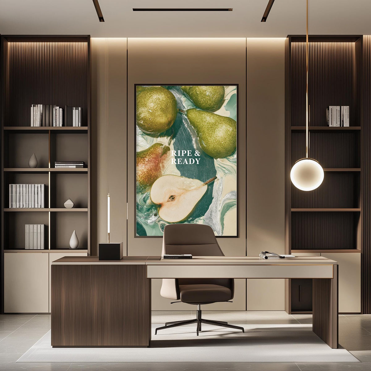 a modern and well-organized office space with a large framed poster of pears on the wall, a wooden desk with a chair, and built-in bookshelves.