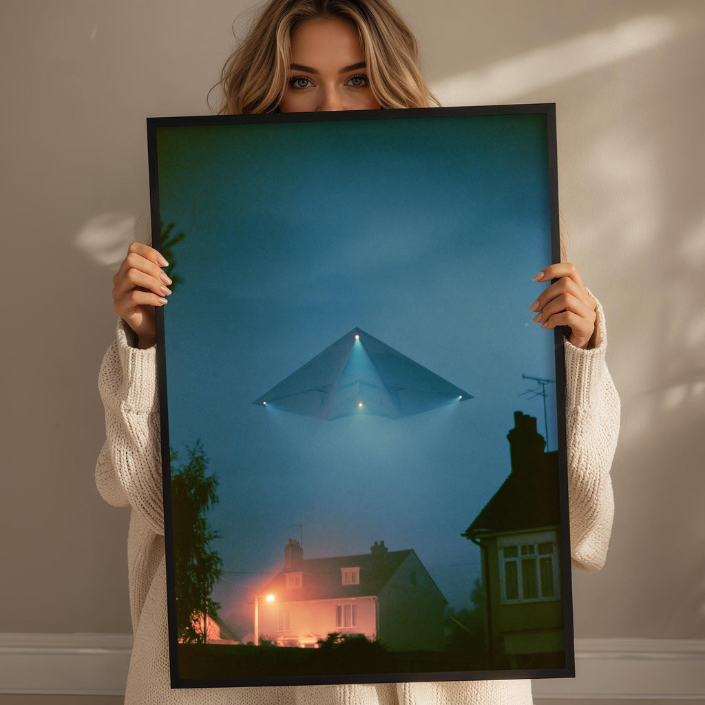 A woman holds up a framed image of a triangular object with lights, which appears to be a UFO or unidentified flying object, against a backdrop of a house and trees.