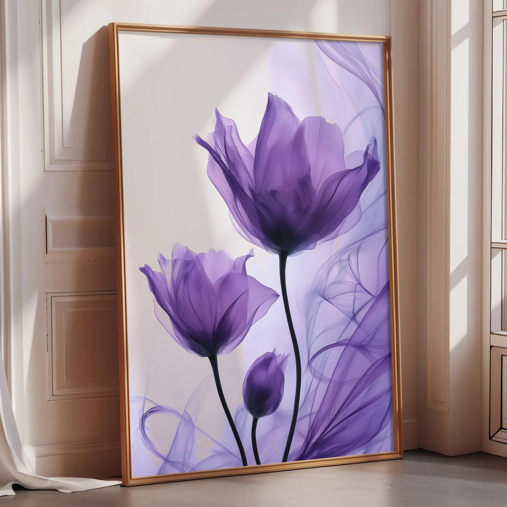 a large framed picture of two purple flowers with long stems, placed on a wooden floor in a room with a window.