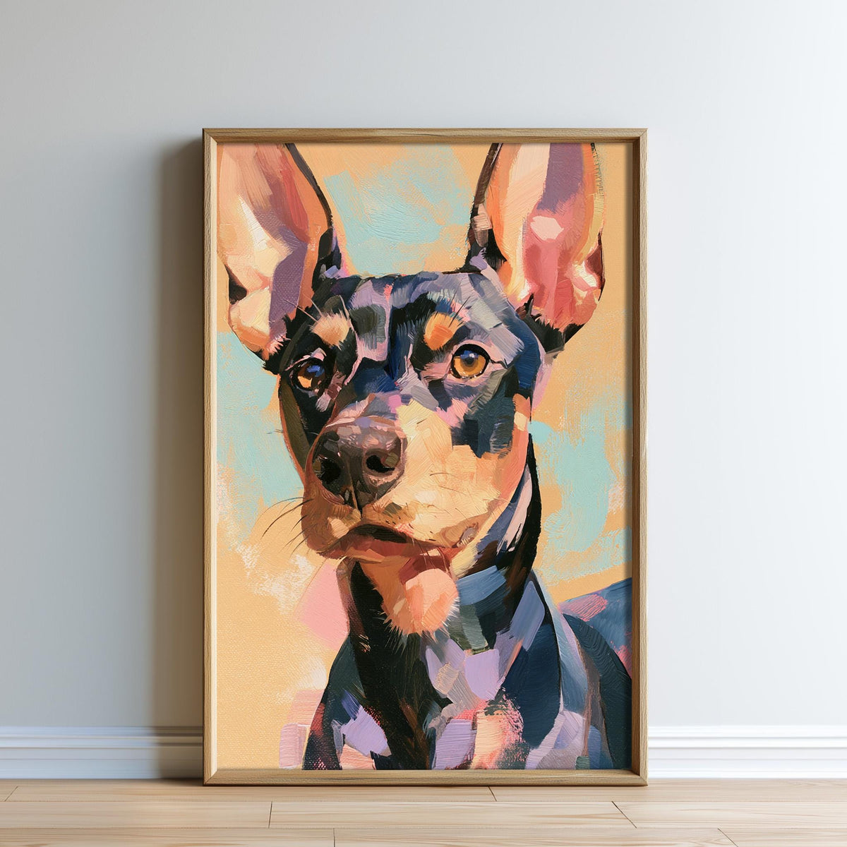 The image is a framed painting of a dog, likely a Doberman, with a colorful and expressive style.