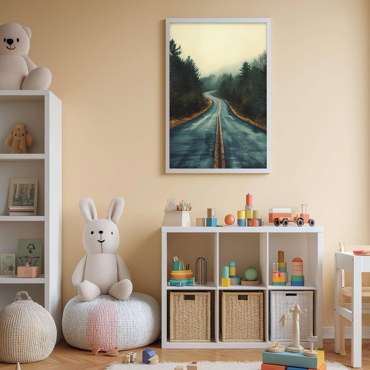 A cozy children's room with a white bookshelf, a plush rabbit, and a toy train set. The room has a warm, inviting atmosphere with a framed landscape painting on the wall.