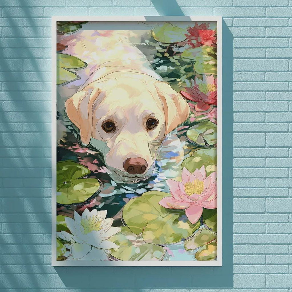 A framed painting of a yellow Labrador retriever dog is hanging on a blue brick wall, surrounded by a variety of colorful flowers.