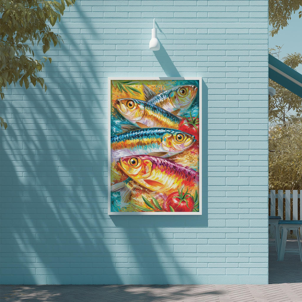 A vibrant painting of colorful fish is displayed on a blue wall, with a white light fixture above it.