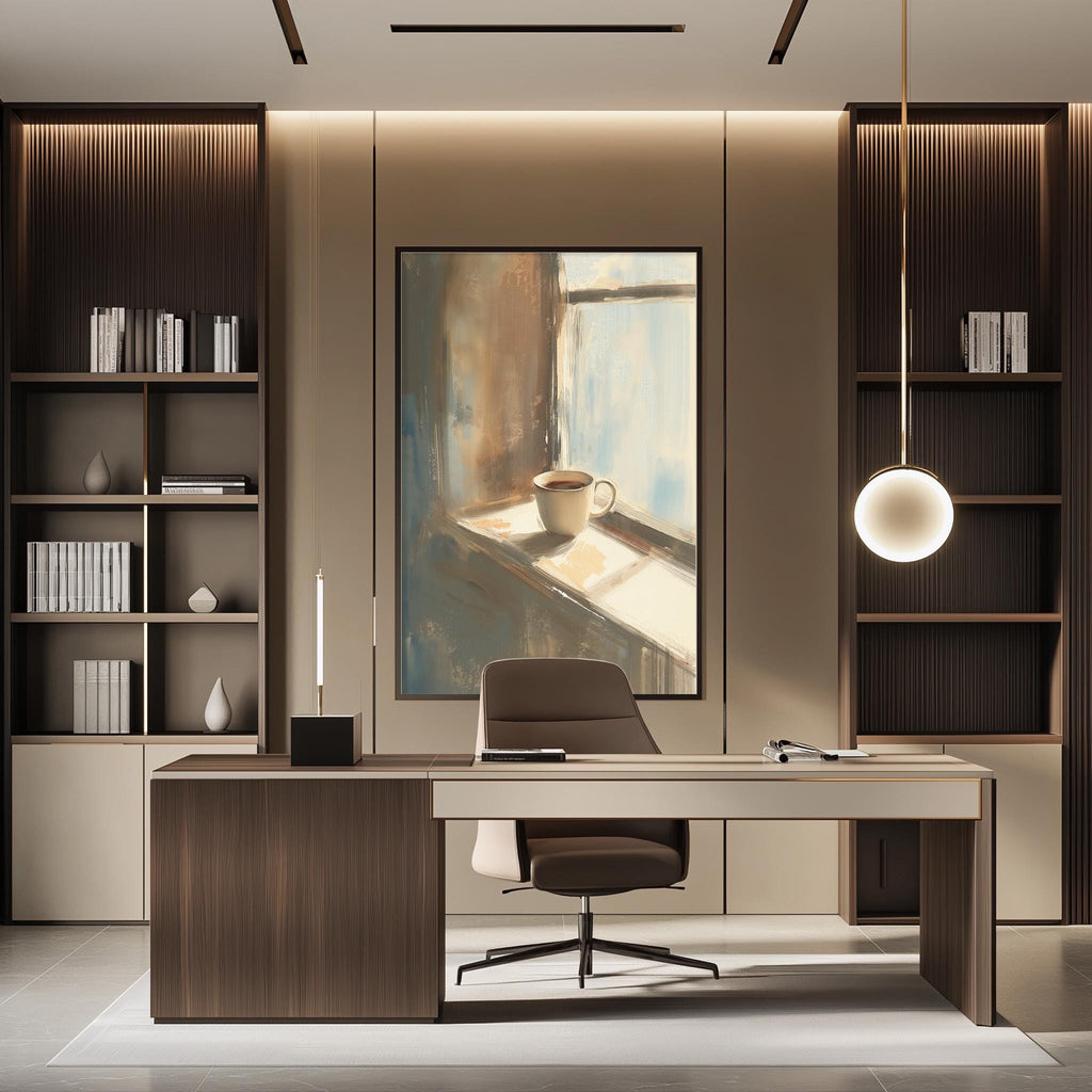 a modern and minimalist office space with a large window, wooden furniture, and a painting on the wall.